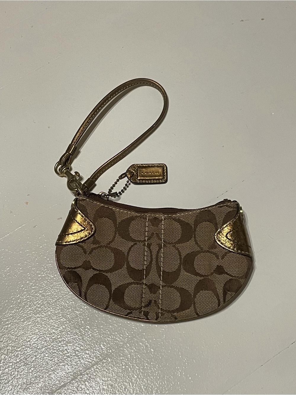Coach Brown Signature Canvas Wristlet with Gold Accents